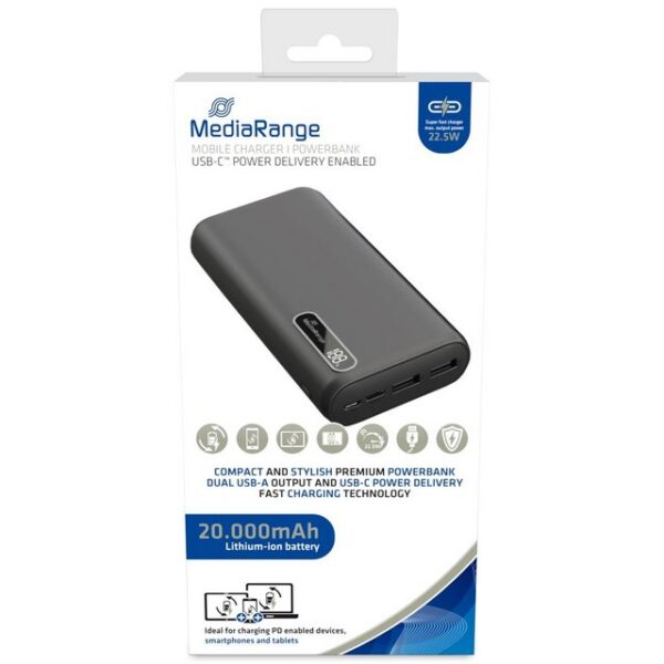 Mediarange Powerbank 20000 mAh Ladegerät USB 2x Typ A und 1x Typ C schwarz Powerbank