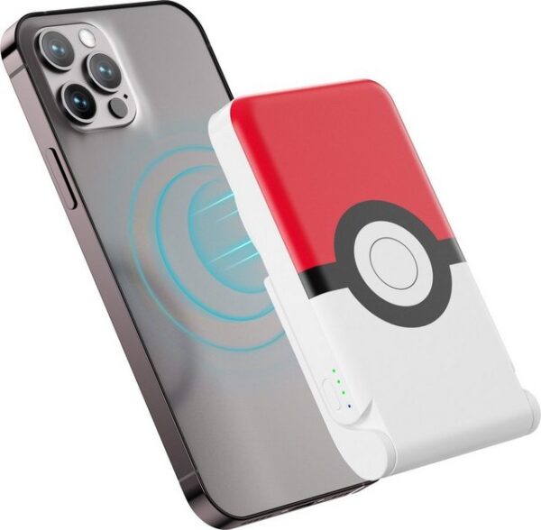 OTL Pokémon - Pokéball-Logo - kabellose magnetische Powerbank Powerbank, klappbarer Telefonständer - 5000 mAh - USB-C