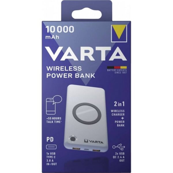 VARTA Varta Power Bank 10000 mAh mit Ladekabel Powerbank Varta Wireless Power Bank 10000, Kabelloses Laden möglich