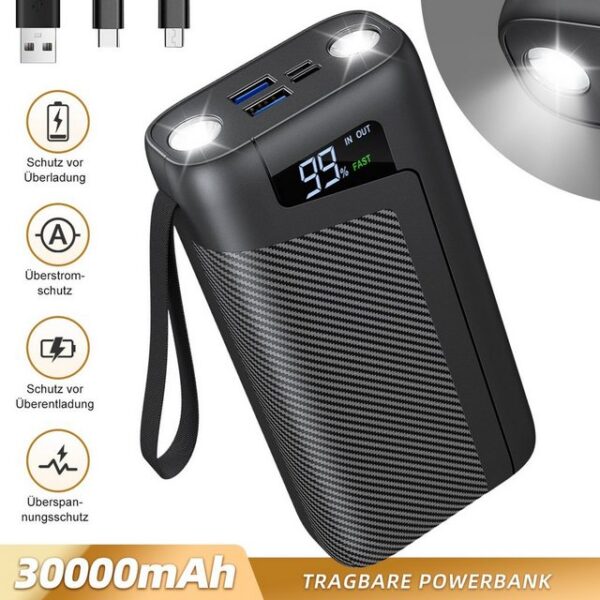 VSIUO PowerBank 30000mAh Externer Akku Tragbares Ladegerät, USB C Power bank Powerbank 30000 mAh, LED Digitalanzeige, QC 4.0 + PD 20W-Schnellladung, 4 Modi Taschenlampe