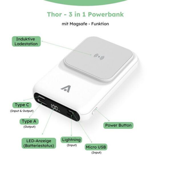 alkaya. Powerbank 10.000 mAh 3 in 1: Induktives Laden, Ports, Powerbank Integrierte Kabel mit USB-A, USB-C und Lightning, Kompatibel für MagSafe, LED-Anzeige, Schnellladefunktion