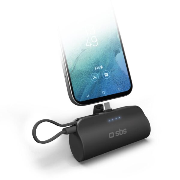 Powerbank mit 5000mAh, Standfunktion und integriertem Kabel, Schwarz